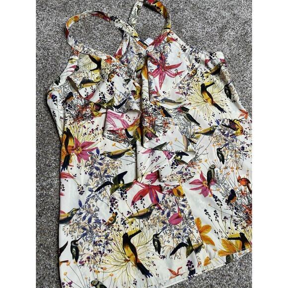 Banana Republic Top Multicolor Ruffled Tank Tropical Bird Print Button Down Sz 6 - Picture 1 of 8